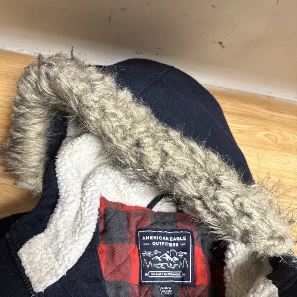 American Eagle Outfitters Womens Med Wool BL Coat Hood Navy‎ Buffalo Plaid